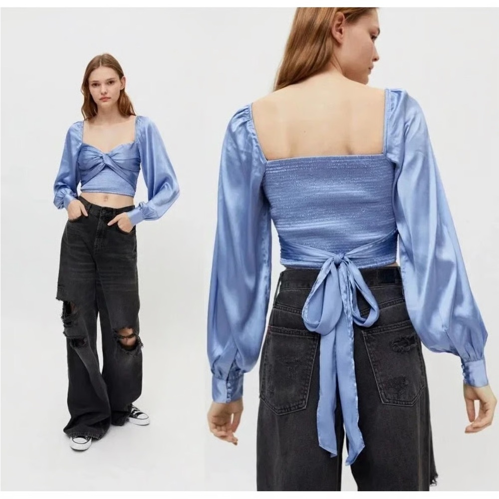 Urban Outfitters Maya Satin Smocked Crop Top In Blue Size L‎